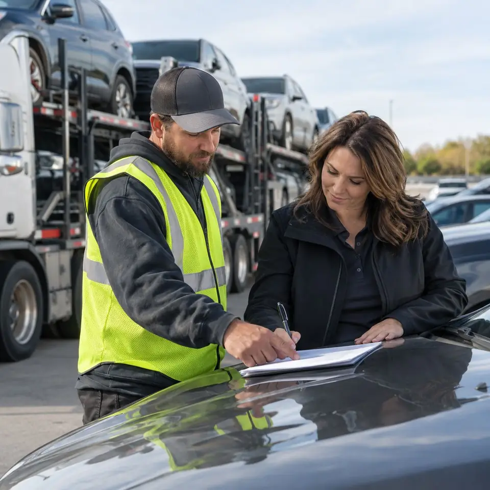Driver and client reviewing paperwork by a car carrier