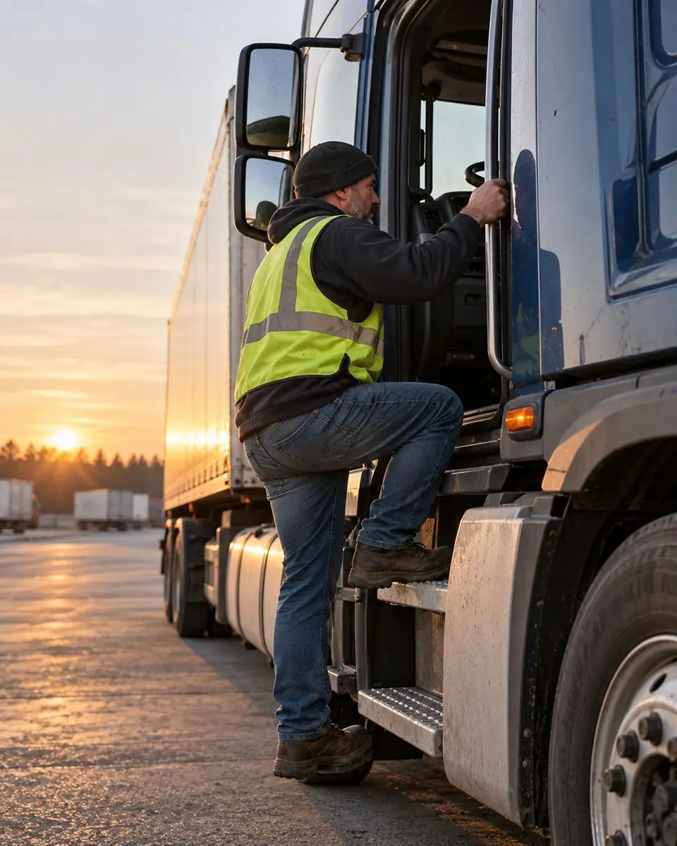 Driver climbing into a truck cab at sunset
