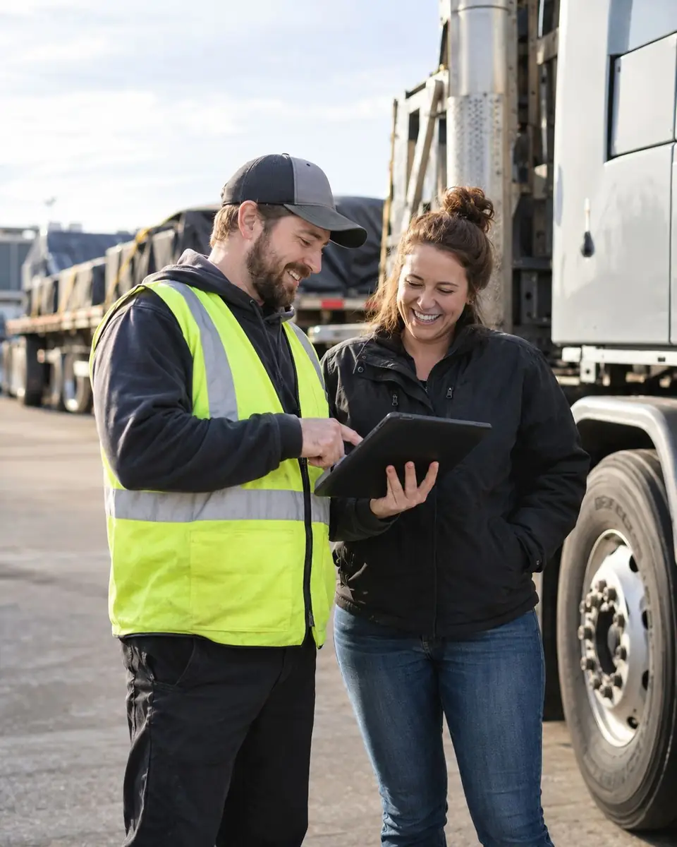 Coordinator and driver checking a tablet by a truck