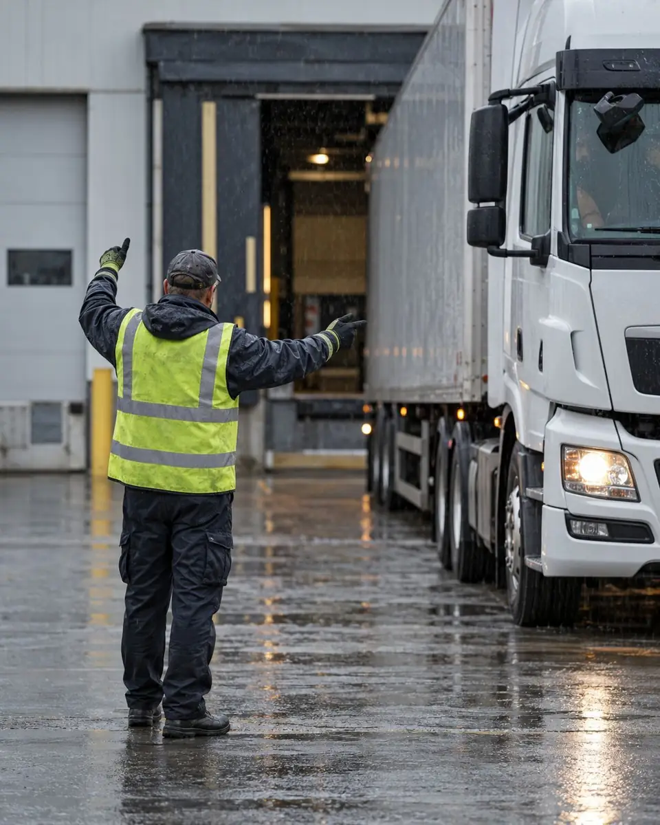 Dock worker guiding a truck into a loading bay
