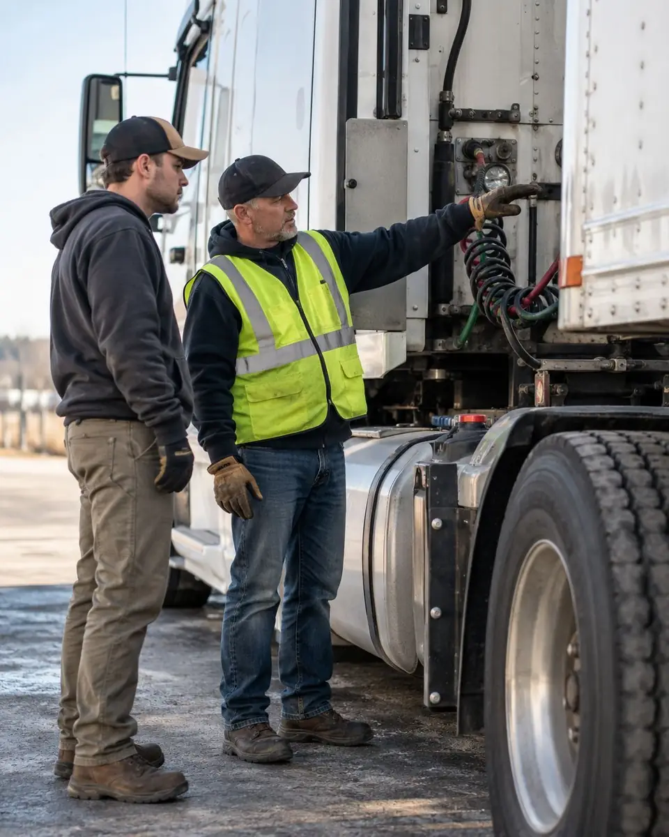 Driver and coordinator talking by a truck