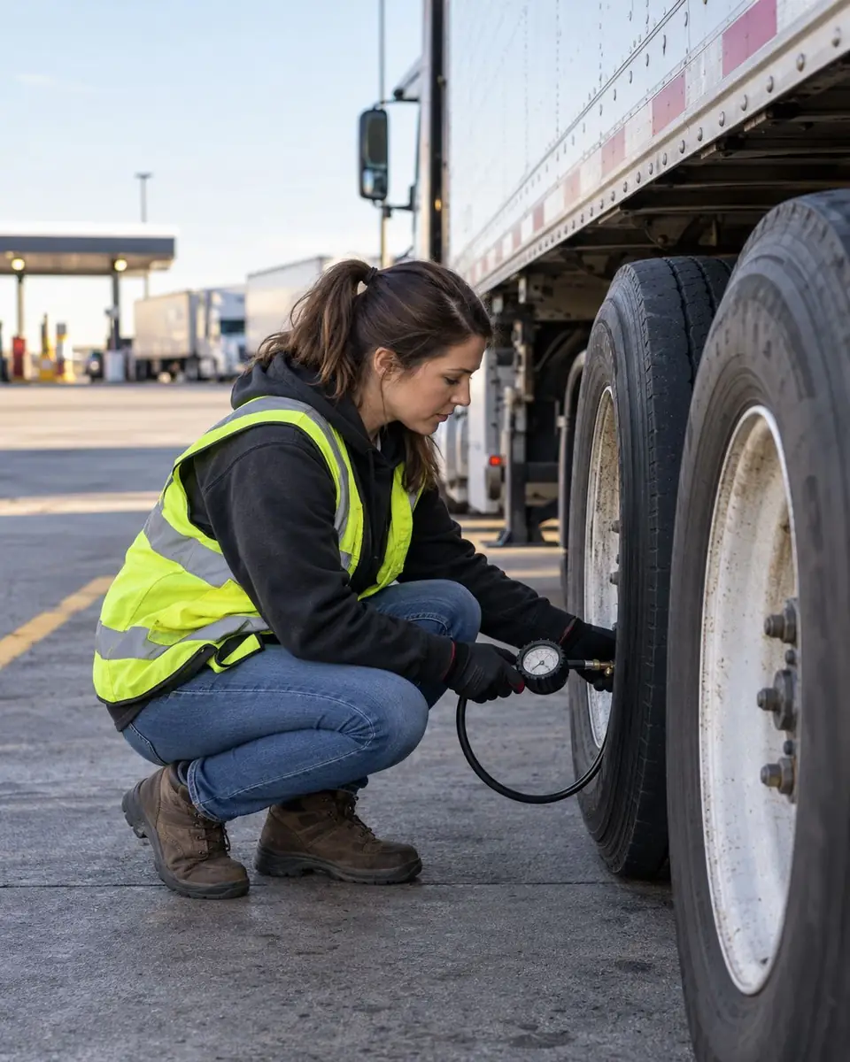 Driver checking tire pressure on a truck