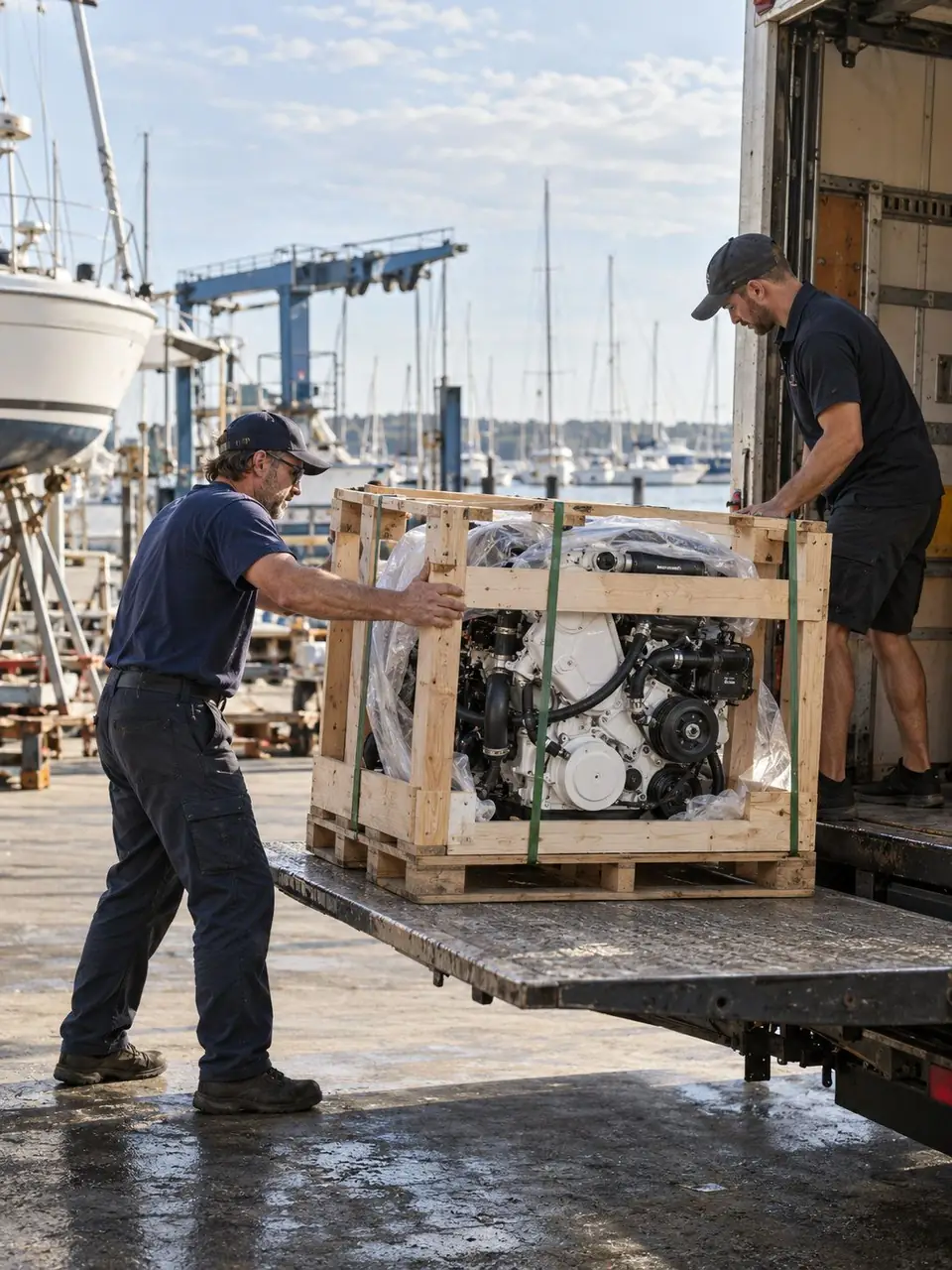 Crated marine engine loaded at a marina