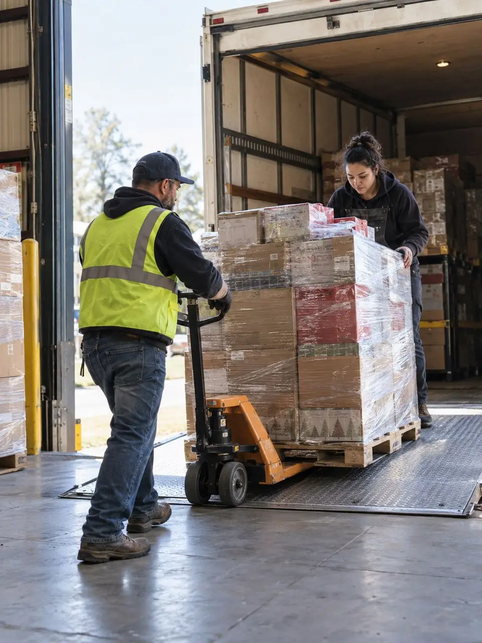 Pallet of retail goods loaded with a pallet jack