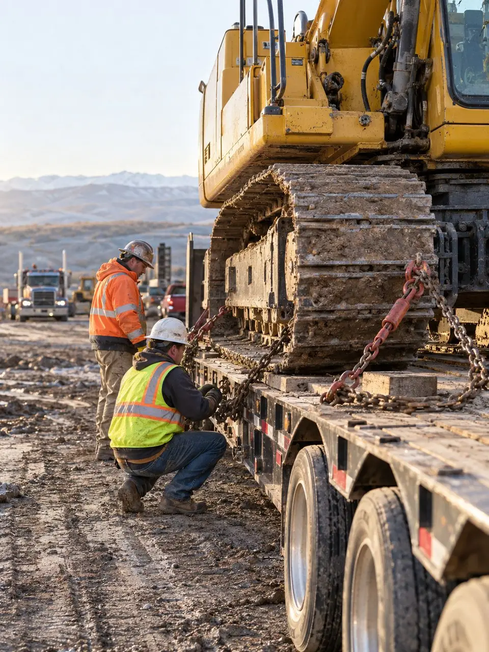 Excavator secured on a flatbed trailer