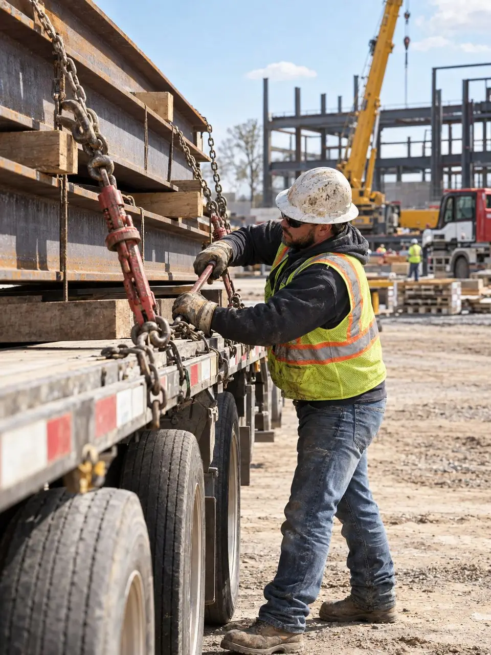 Driver securing a load on a flatbed
