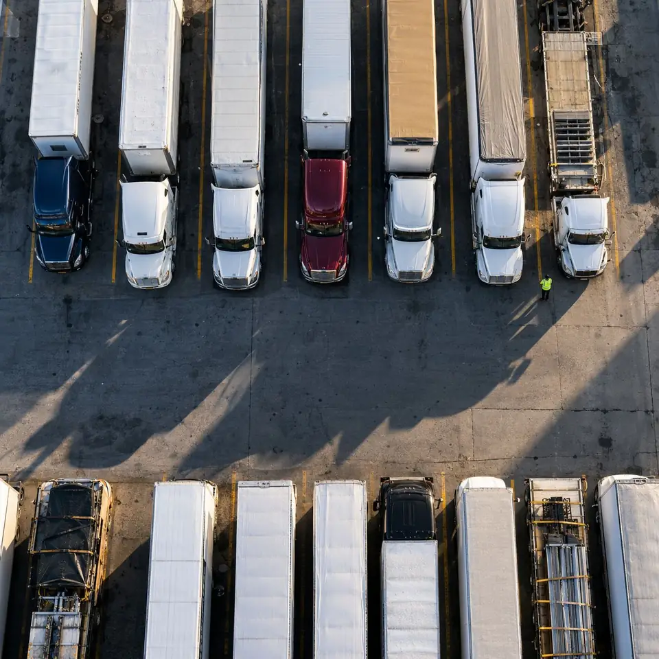 Aerial view of trucks parked at a terminal