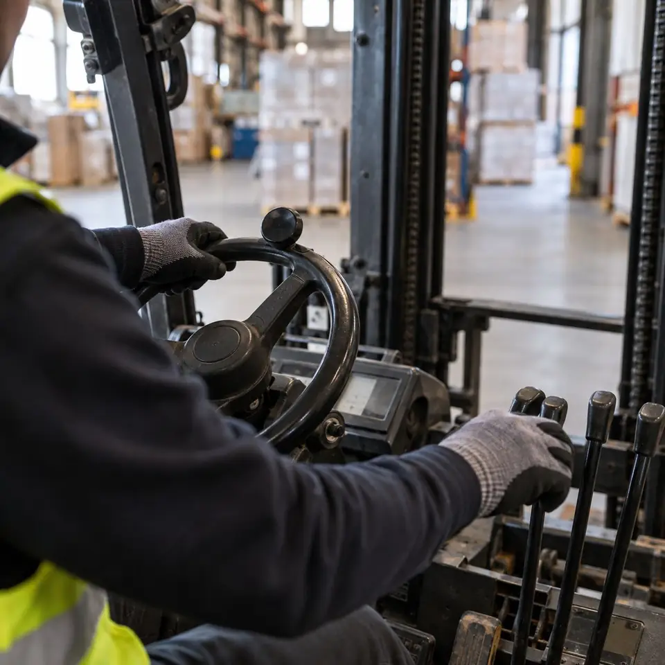 Forklift operator in a warehouse