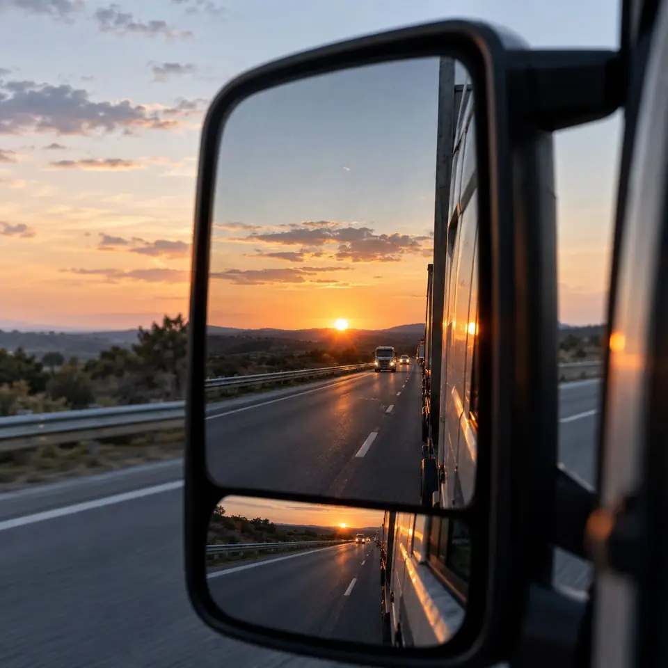 Sunset highway seen in a truck mirror