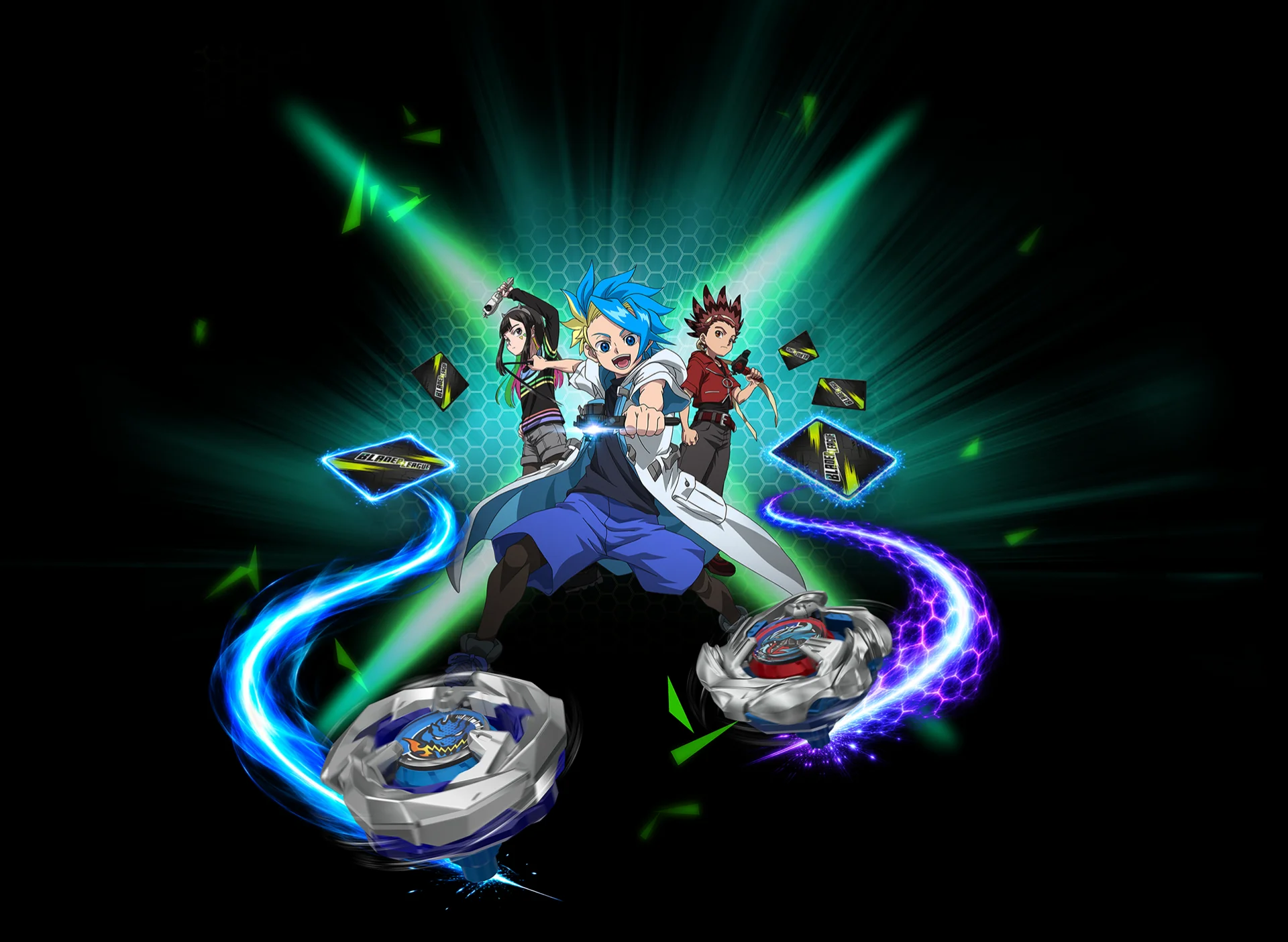 Blader League key art: three Bladers with their Beys and Blader League cards in a burst of green energy
