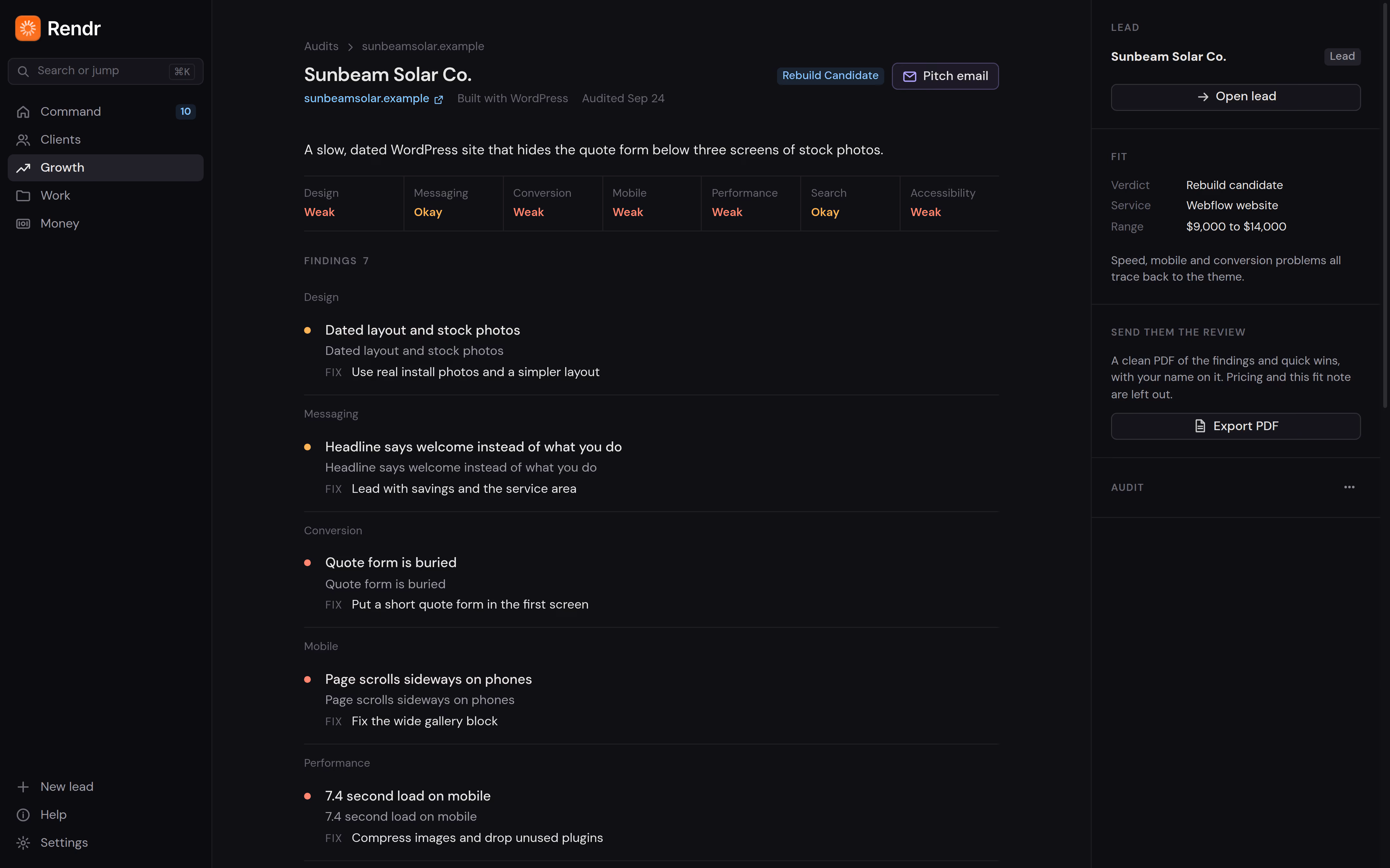 Site audit in Rendr, checking a business website's speed, search basics and accessibility.