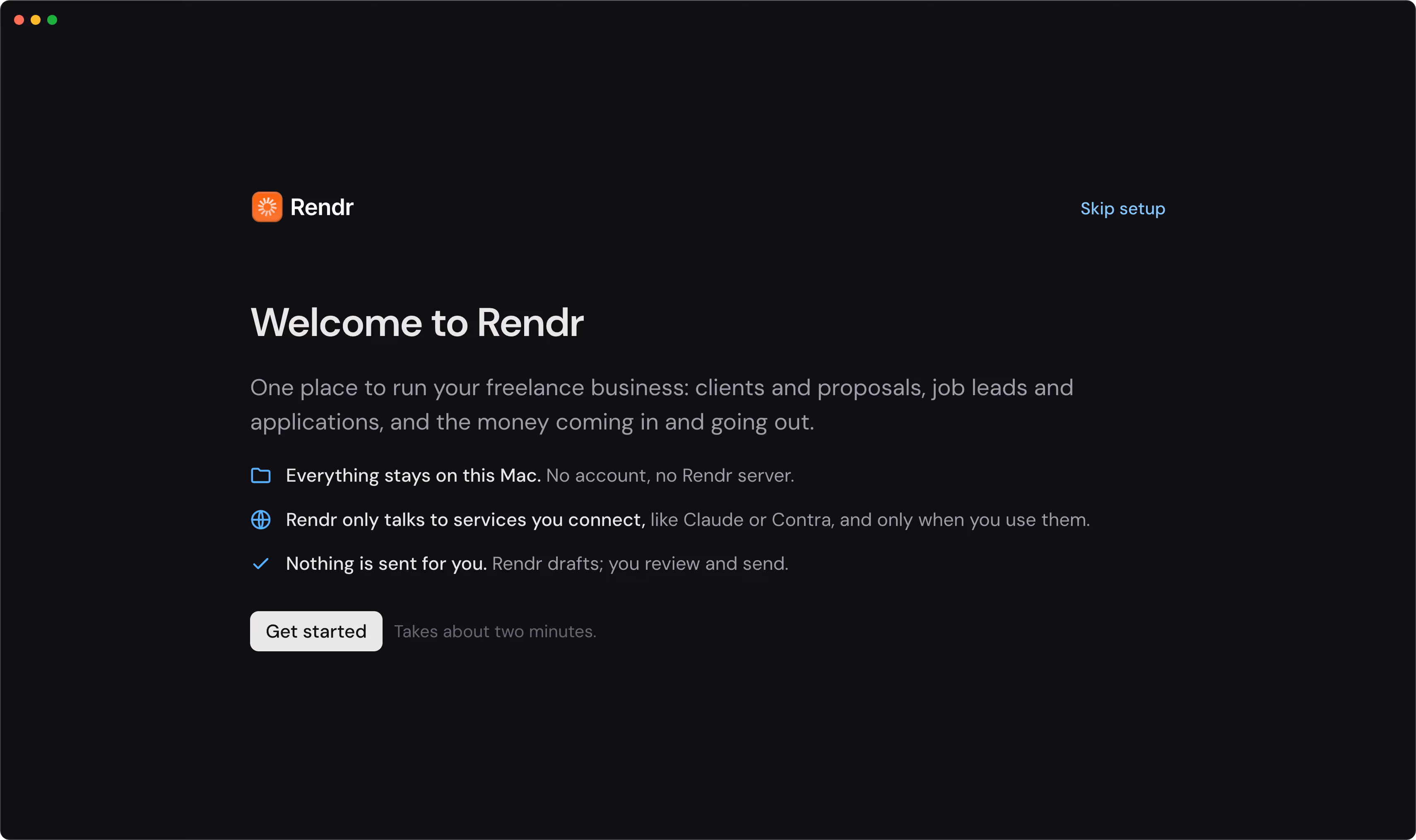 Rendr's first-run setup, asking what you do and which parts you want to use.