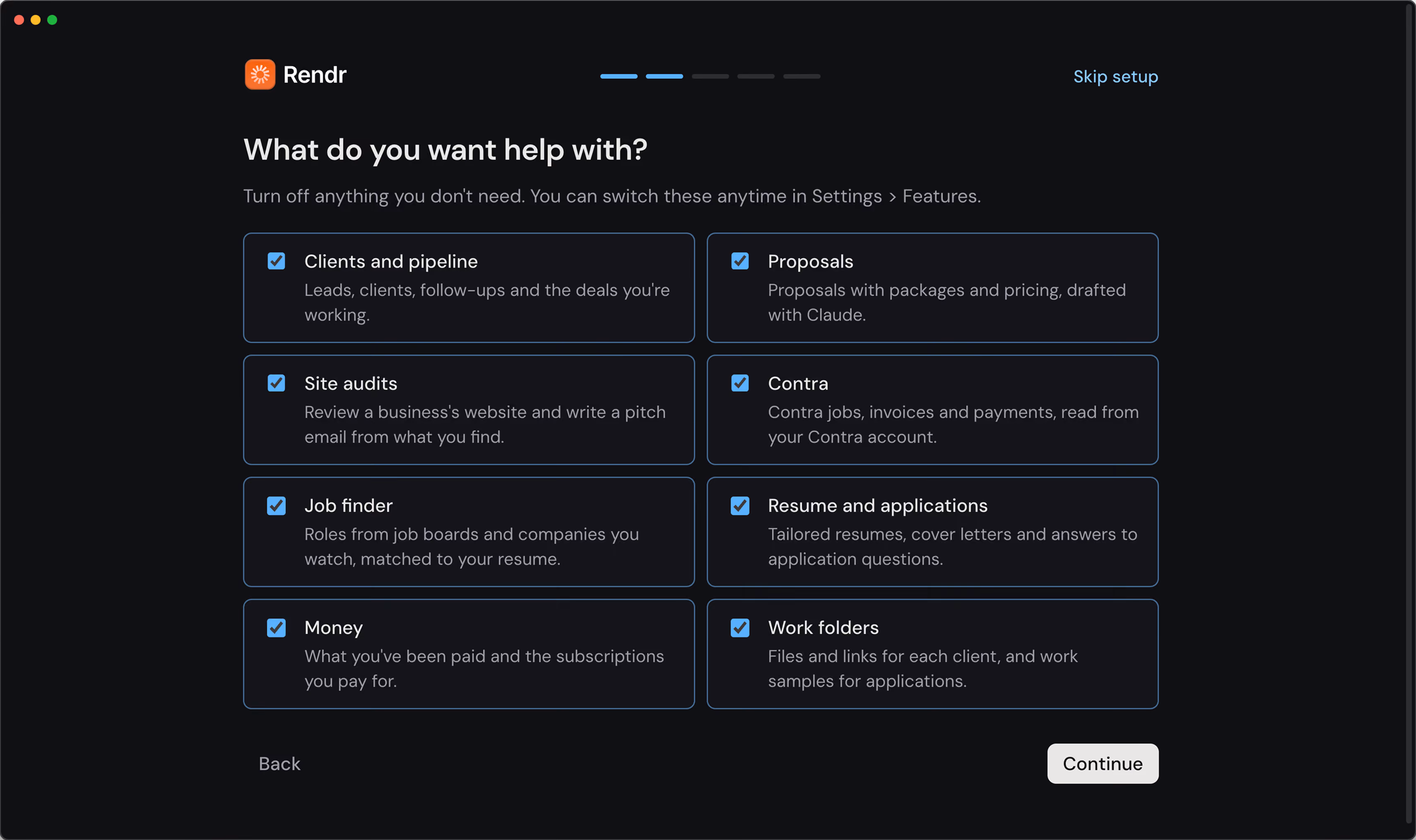 The setup step in Rendr for connecting Contra, a backup folder and local job listings.