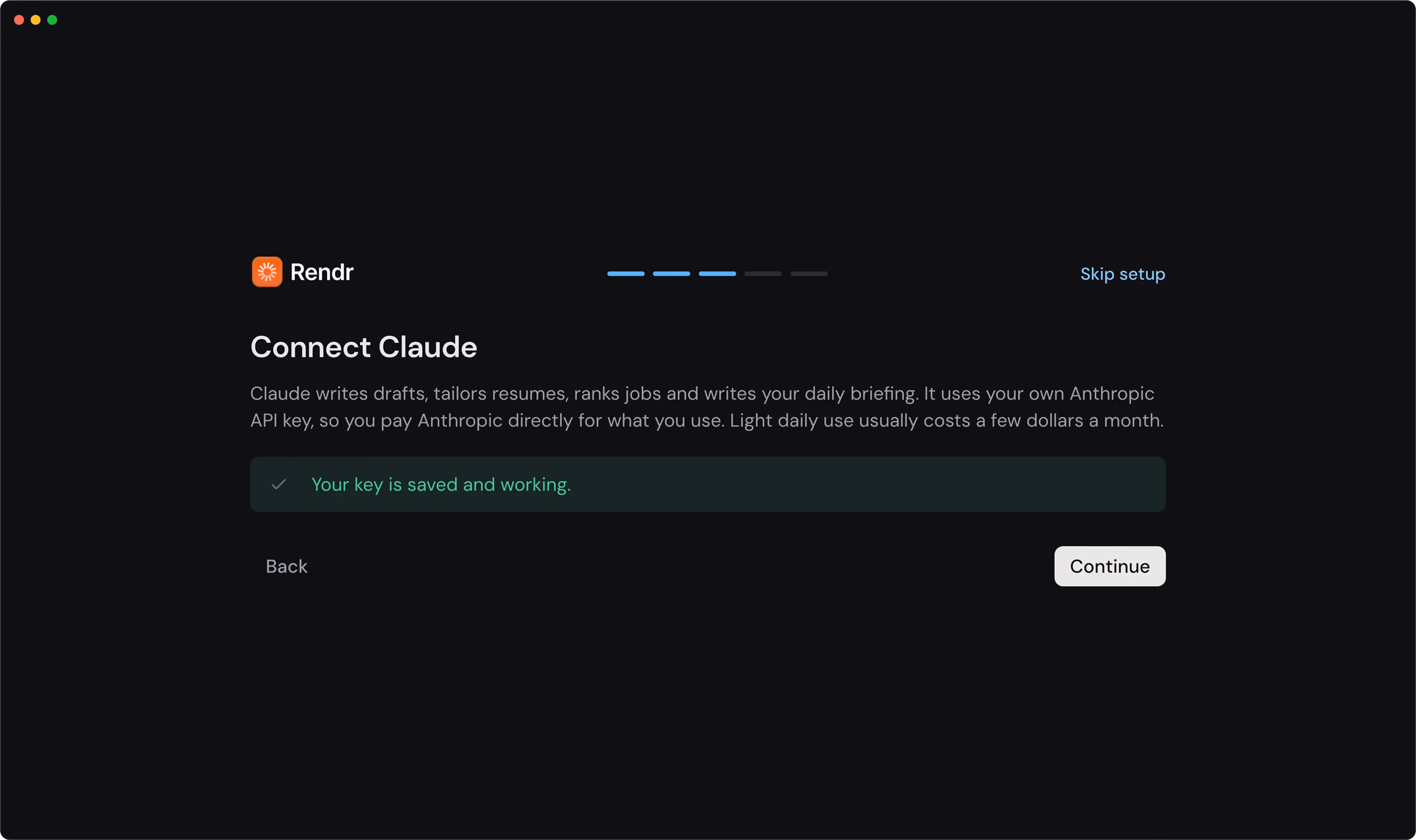 The setup step in Rendr for connecting Contra, a backup folder and local job listings.