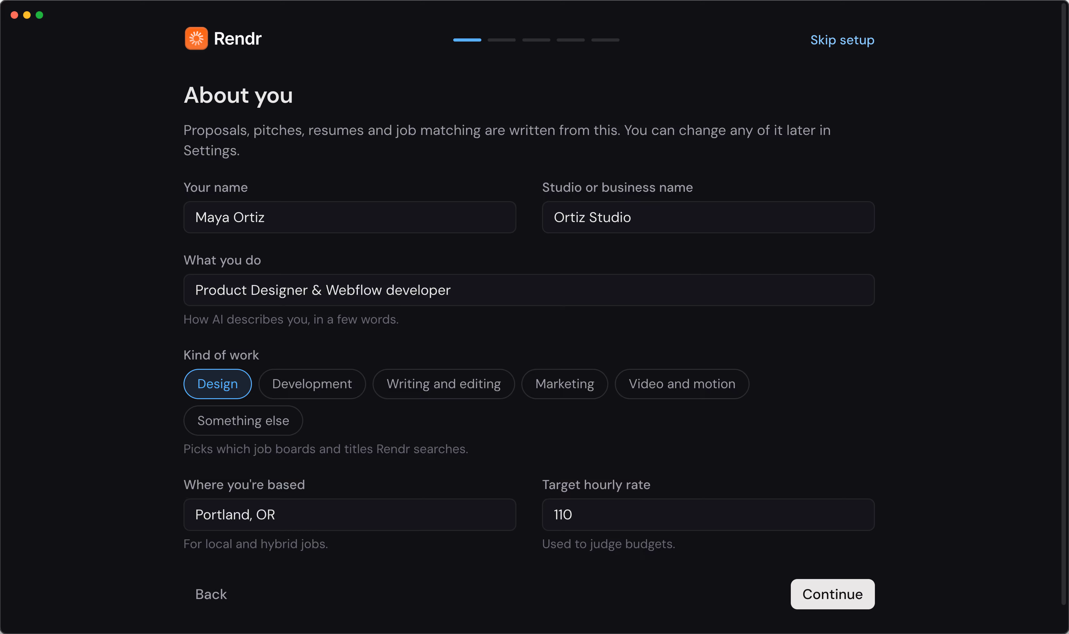 The setup step in Rendr for adding your Claude API key.