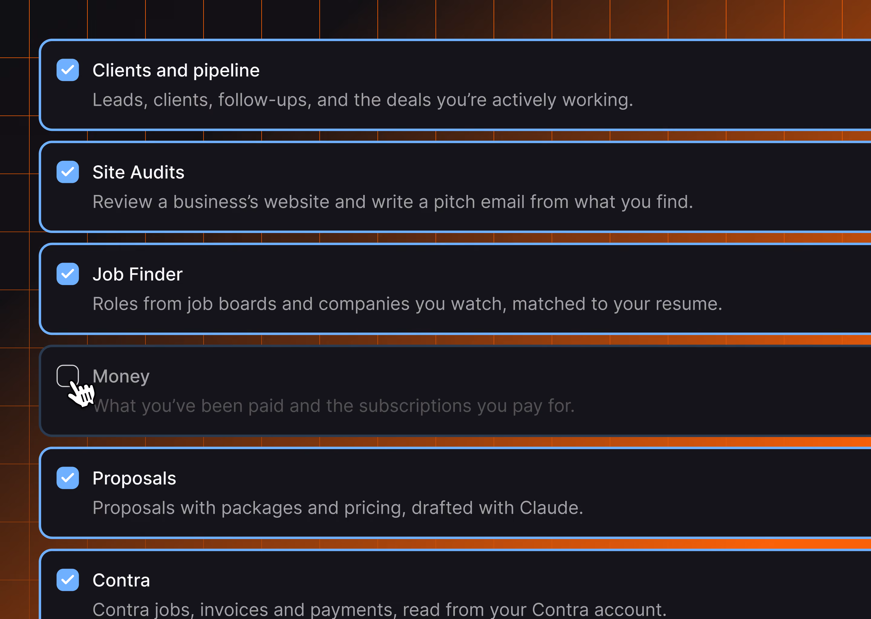Rendr's feature settings, where each part of the app can be switched on or off.