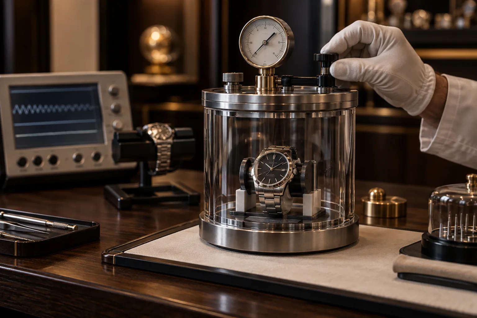 A watch in a pressure-testing chamber