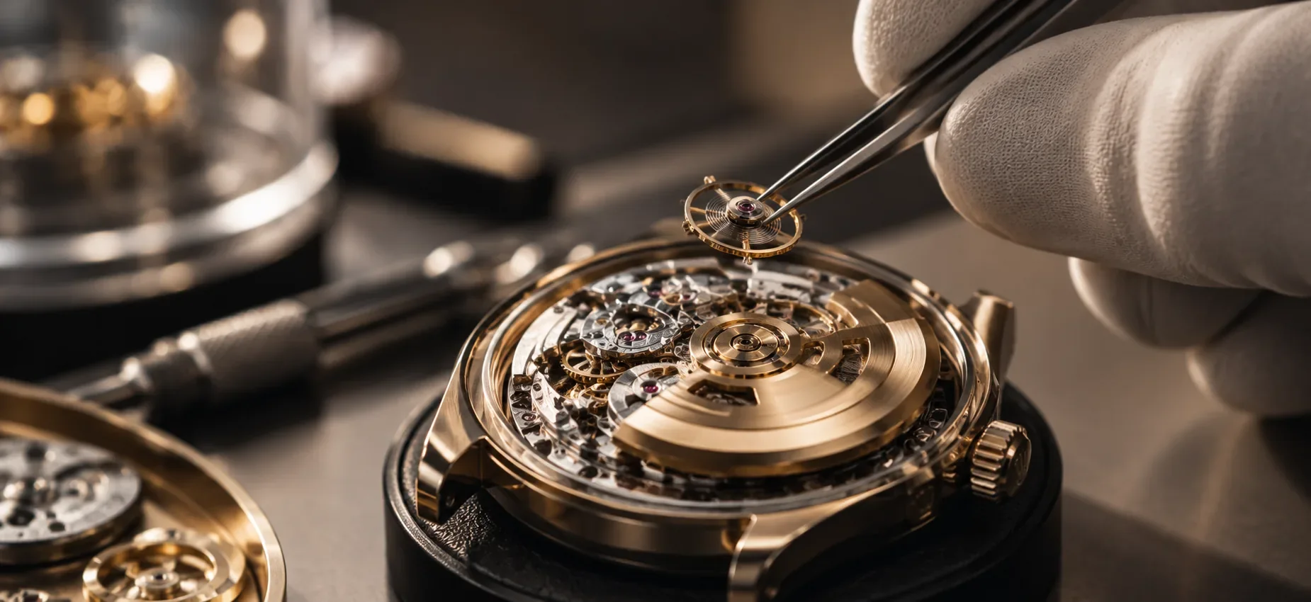 Watchmaker using tweezers on an open watch movement during a full service at ChronoCare