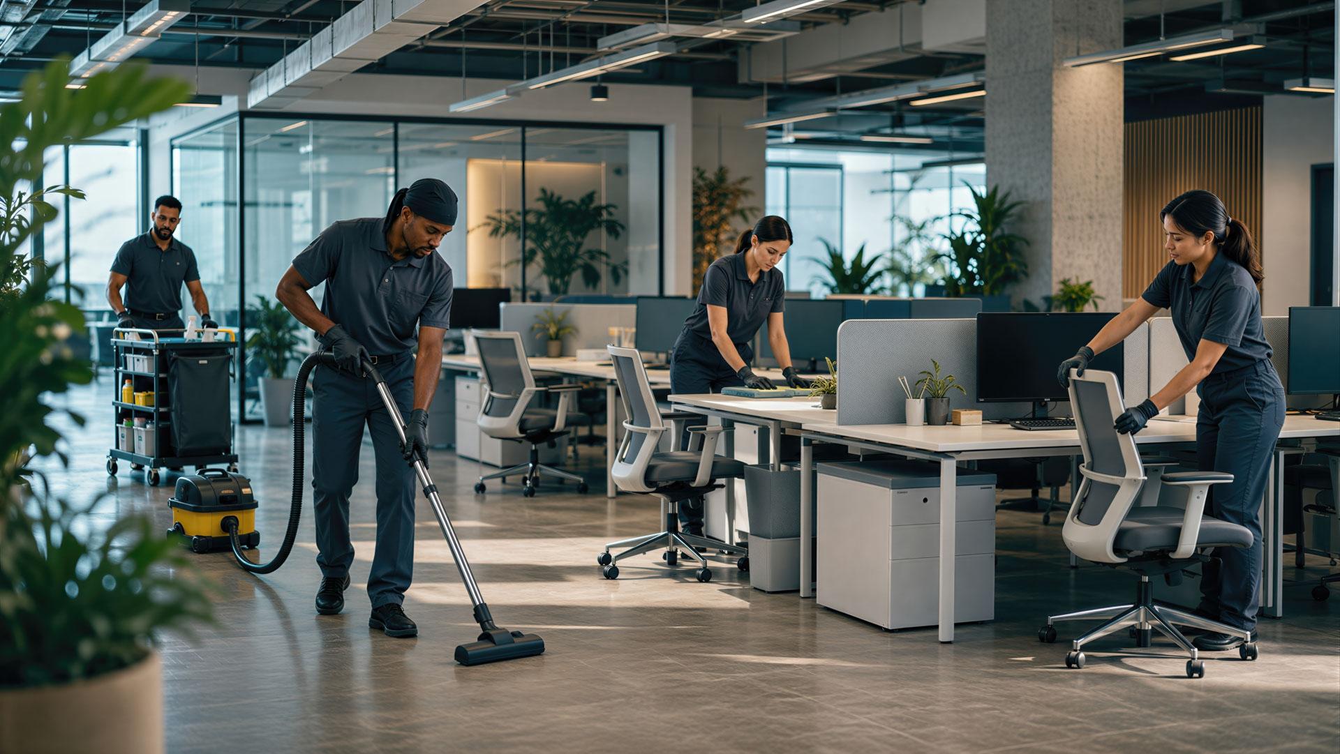 CleanCo cleaning team servicing an open-plan office