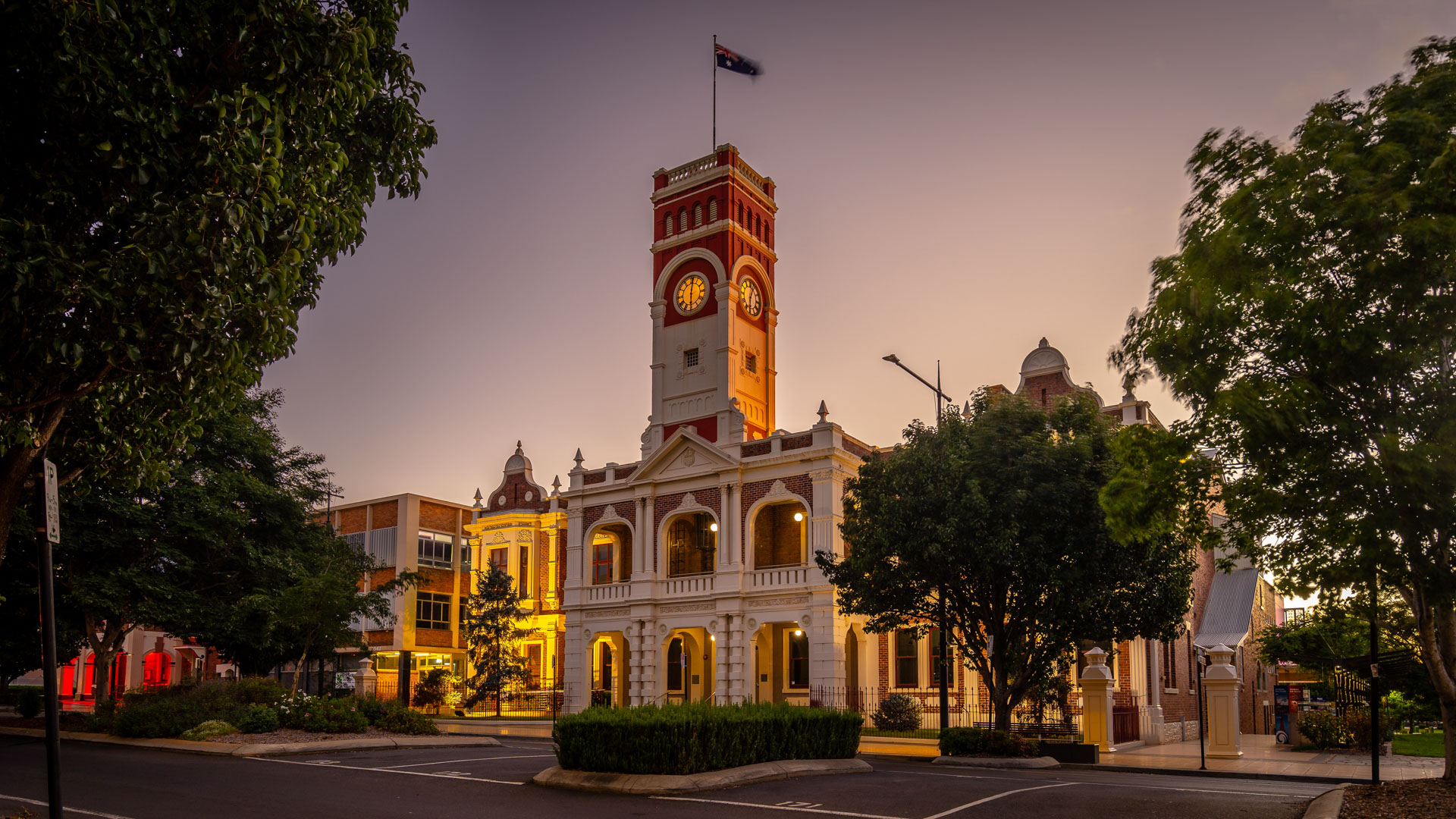 Toowoomba City Hall clock tower at dusk