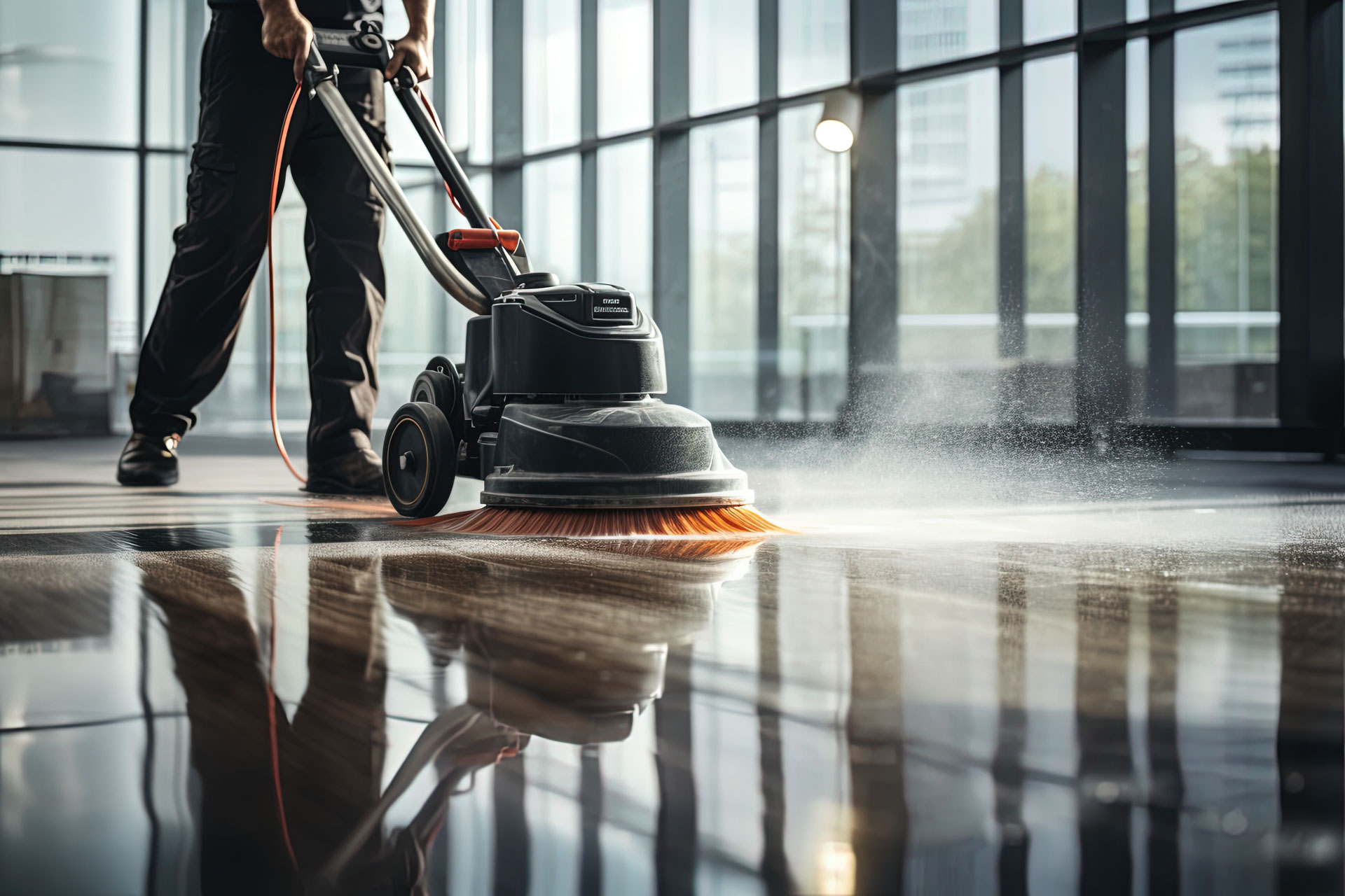 CleanCo operator machine-scrubbing a commercial foyer floor