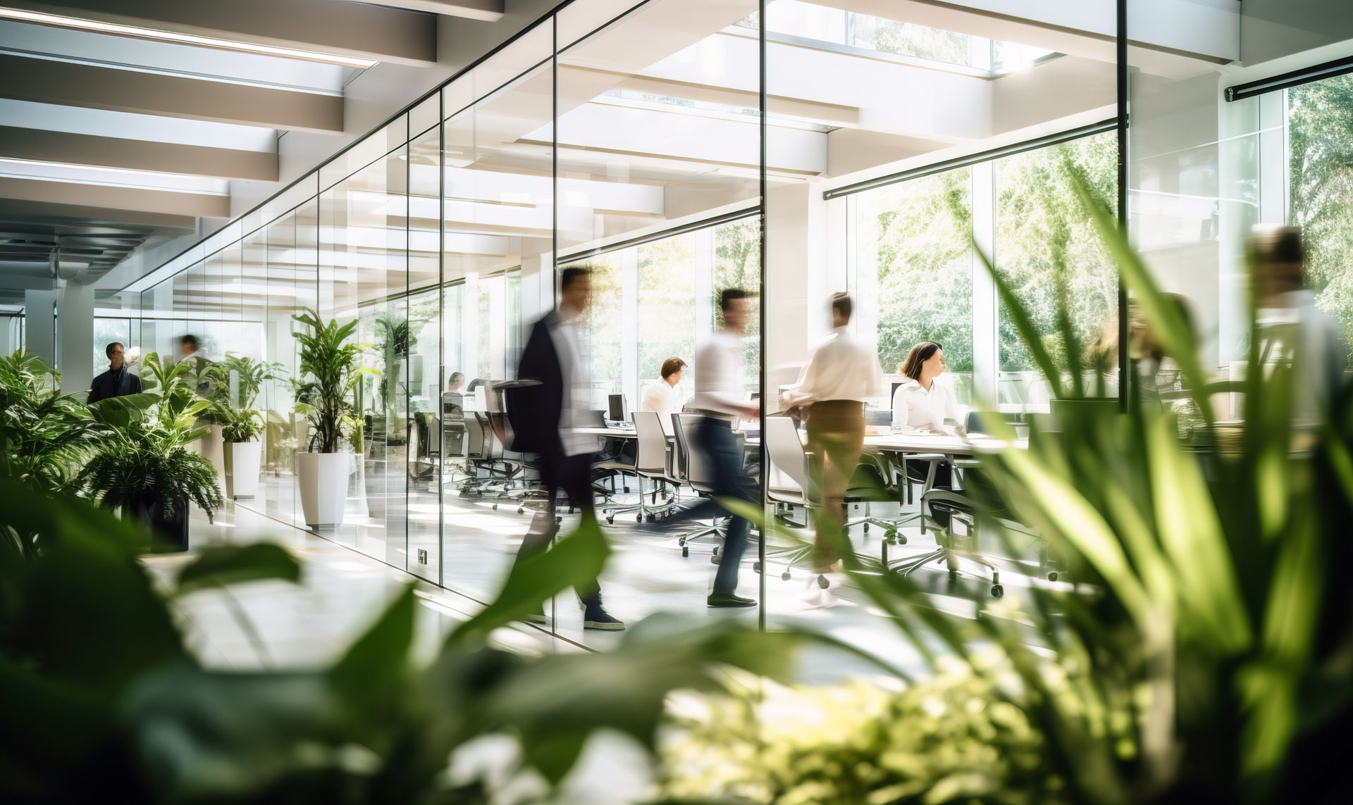 Bright, plant-filled modern workplace with staff moving between glass-walled rooms