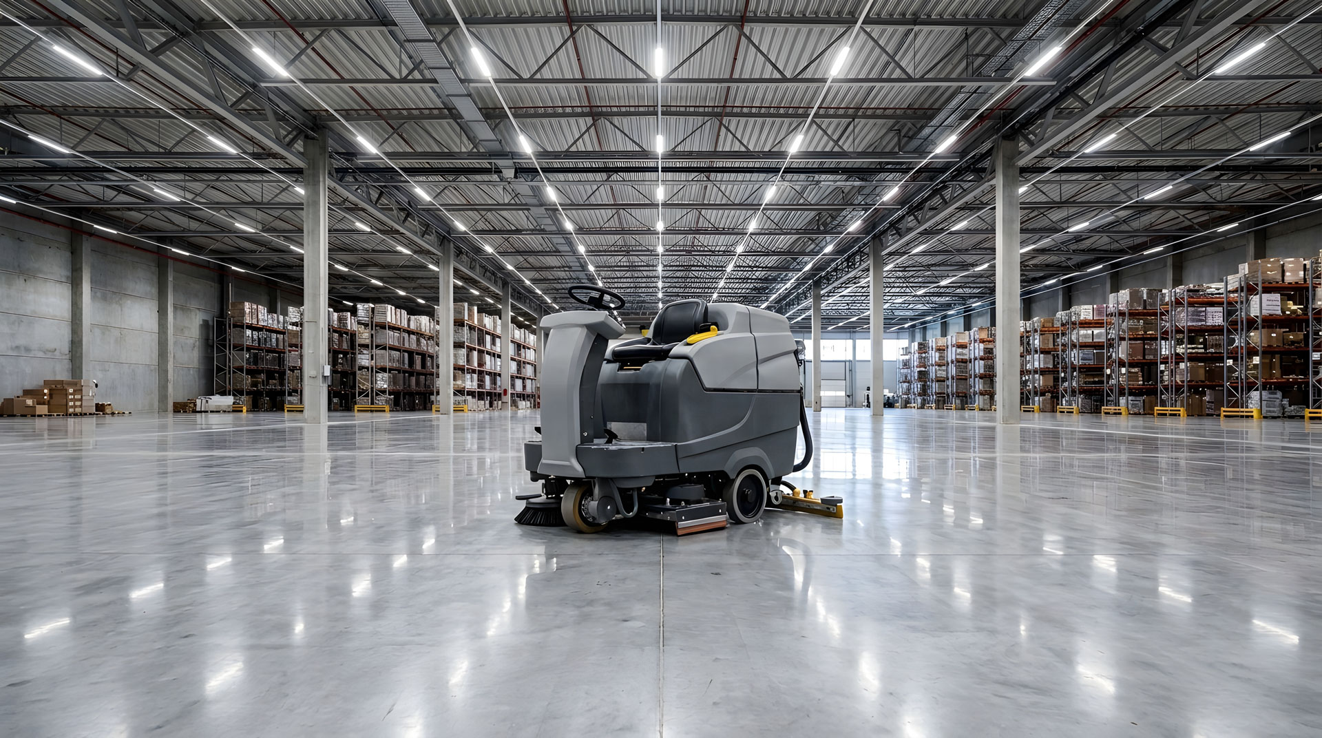 Ride-on floor scrubber cleaning a large warehouse floor