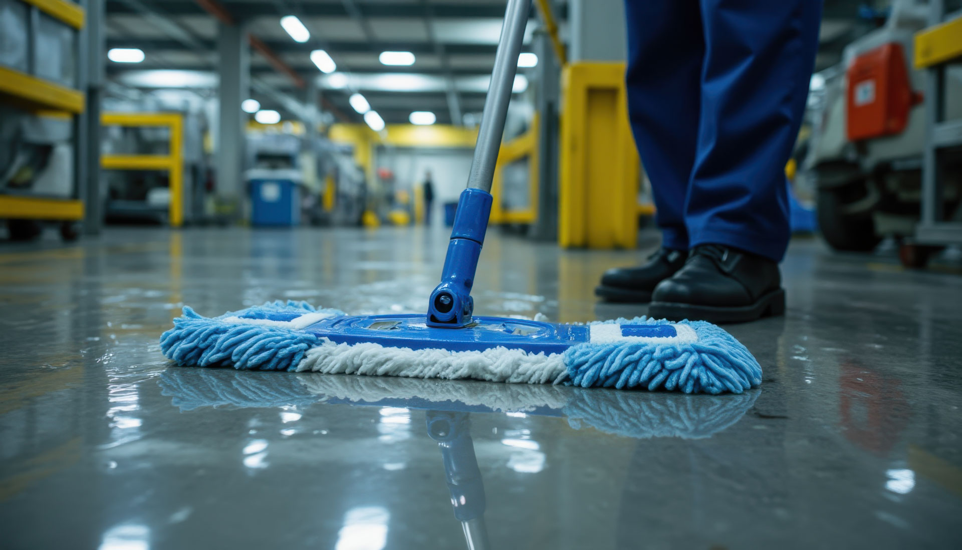 Cleaner mopping the floor of a warehouse facility