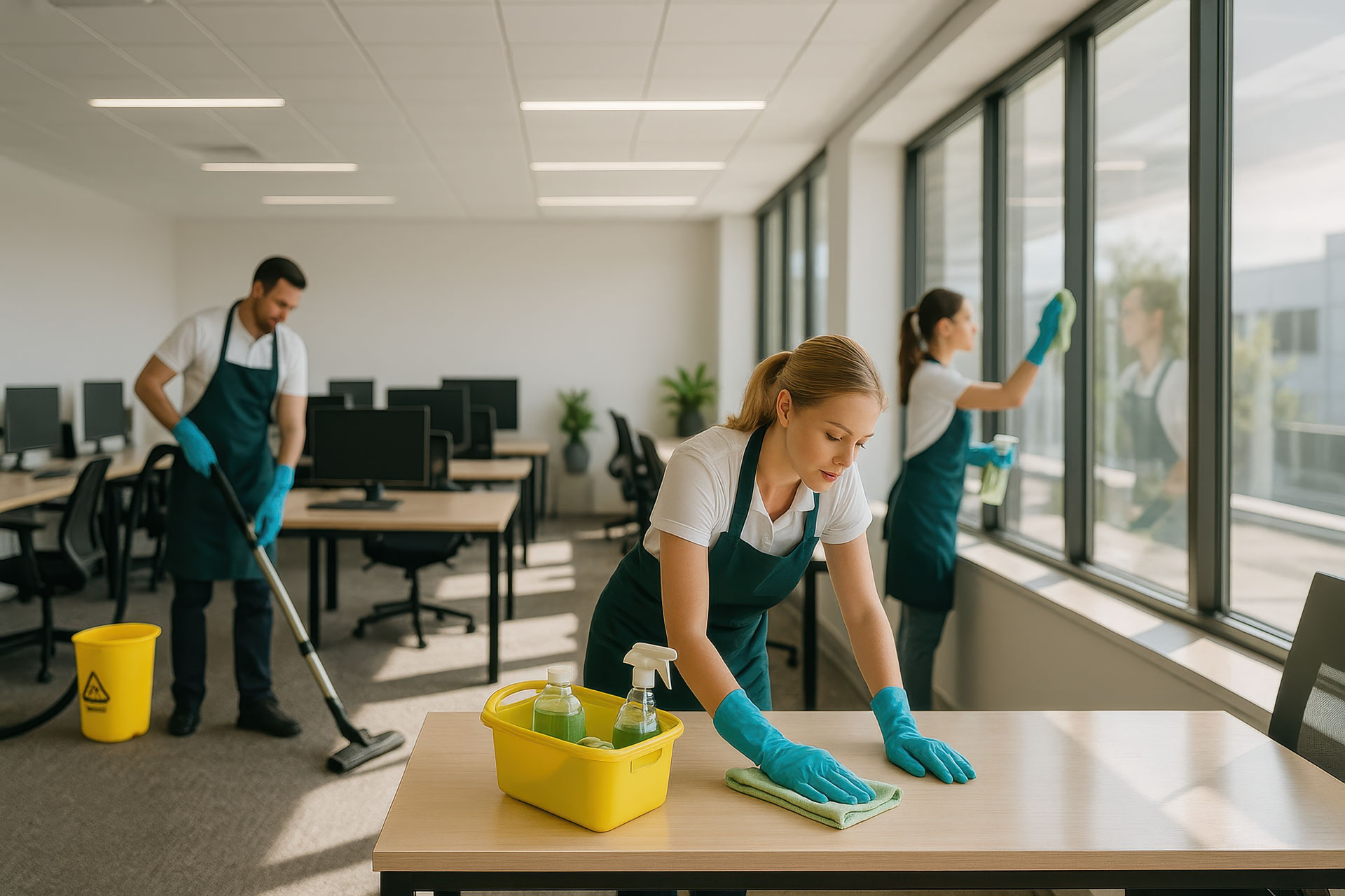 CleanCo cleaner servicing a commercial workplace