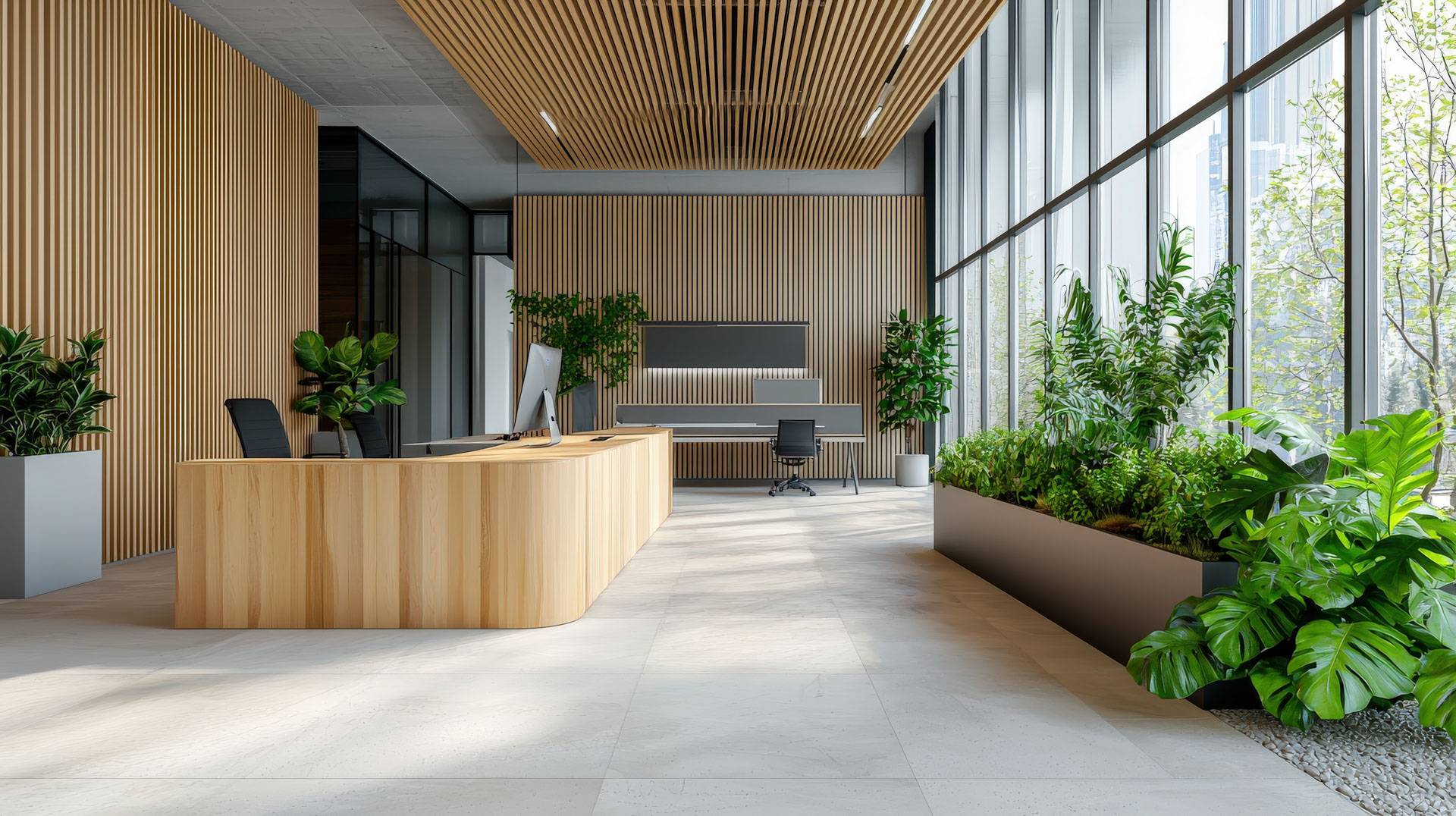 Timber-lined office reception with indoor plants and natural light