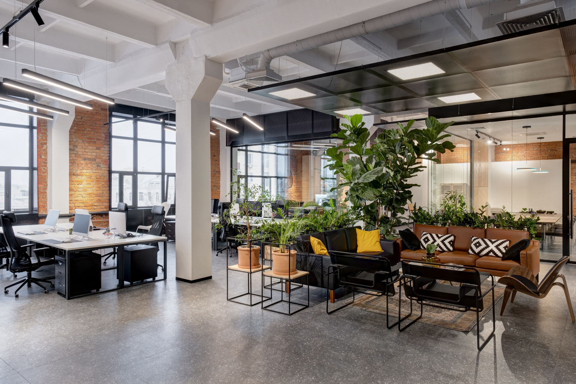 Warehouse-style office with workstations, lounge area and greenery