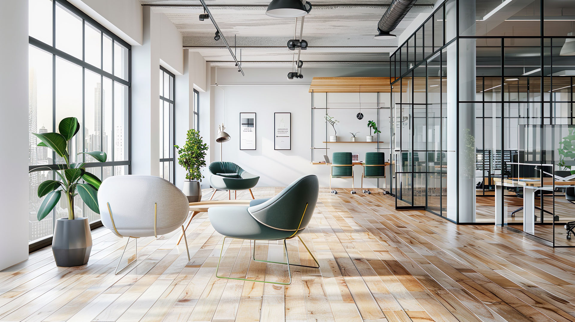 Light-filled office lounge with timber floors, armchairs and plants