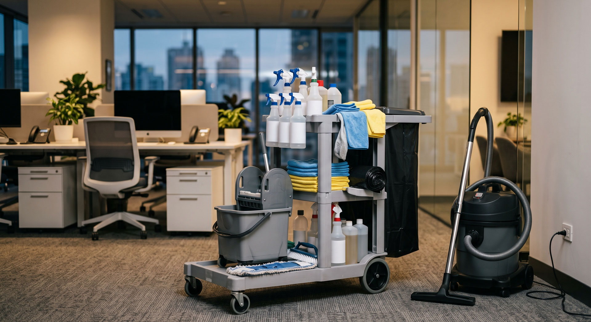 Commercial cleaning trolley and vacuum ready in a city office
