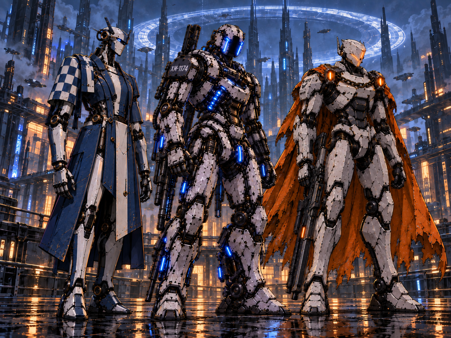 Machine guardians beneath the luminous sky ring on Vorpus
