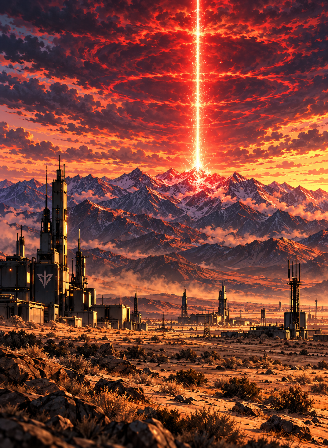 Red beam over a desert outpost on Earth