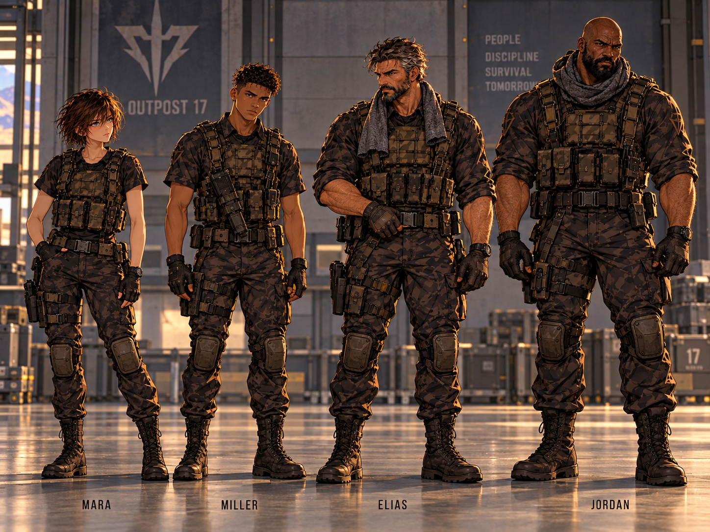 Outpost 17 tactical squad lineup with Mara, Miller, Elias, and Jordan