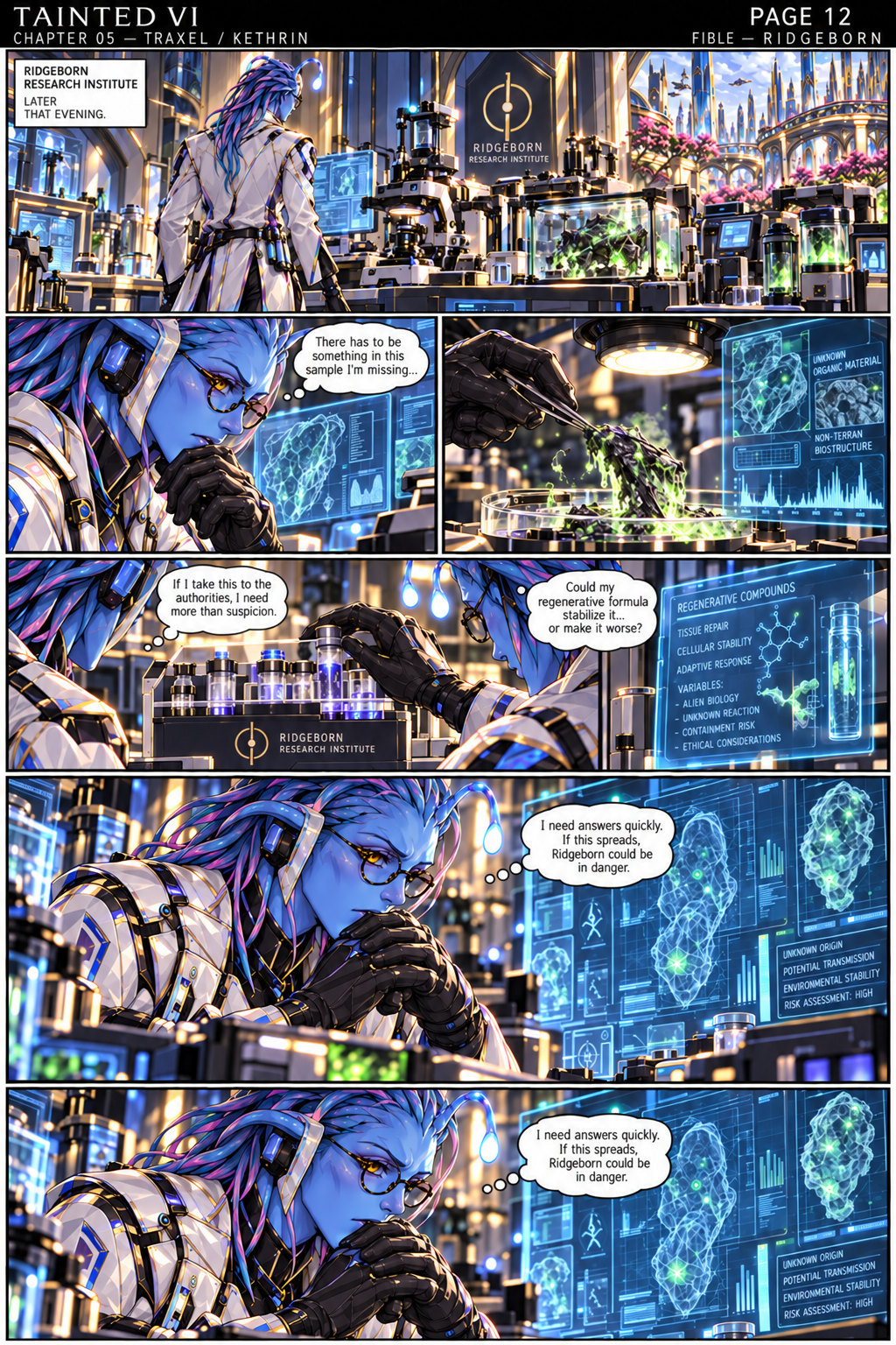 Fible examining a discovery at the Ridgeborn Research Institute