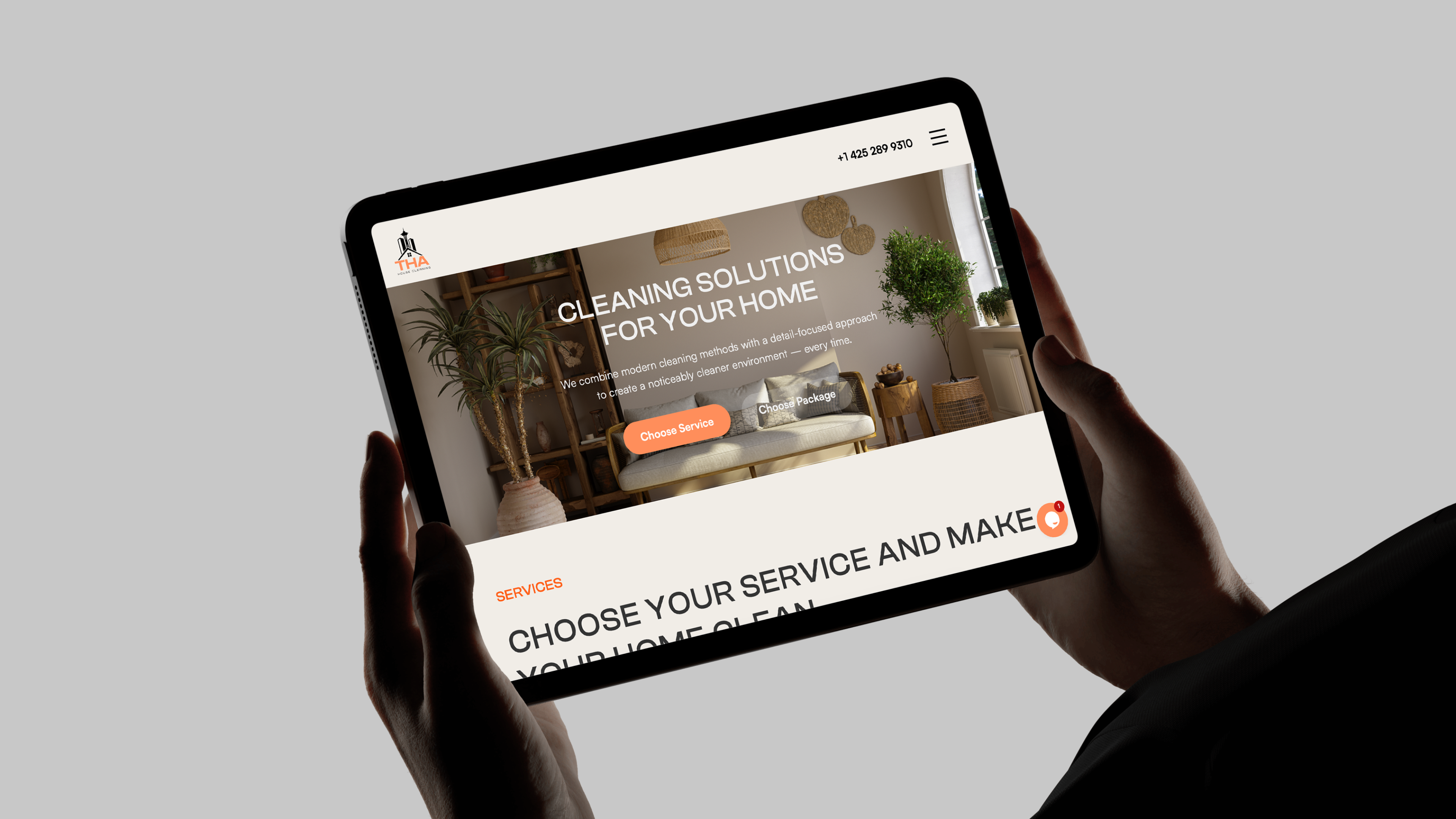 THA Cleaning responsive website on a tablet