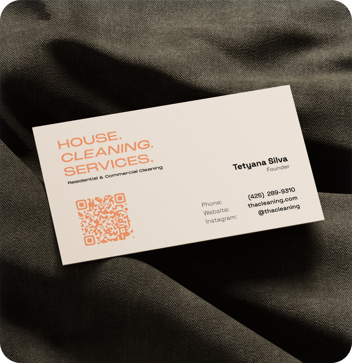 THA Cleaning business card design with contact details and QR code