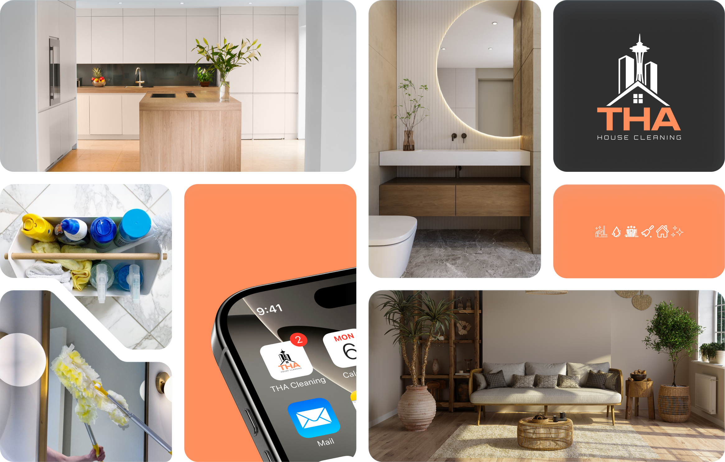 THA Cleaning visual identity: logo, brand colors and photography