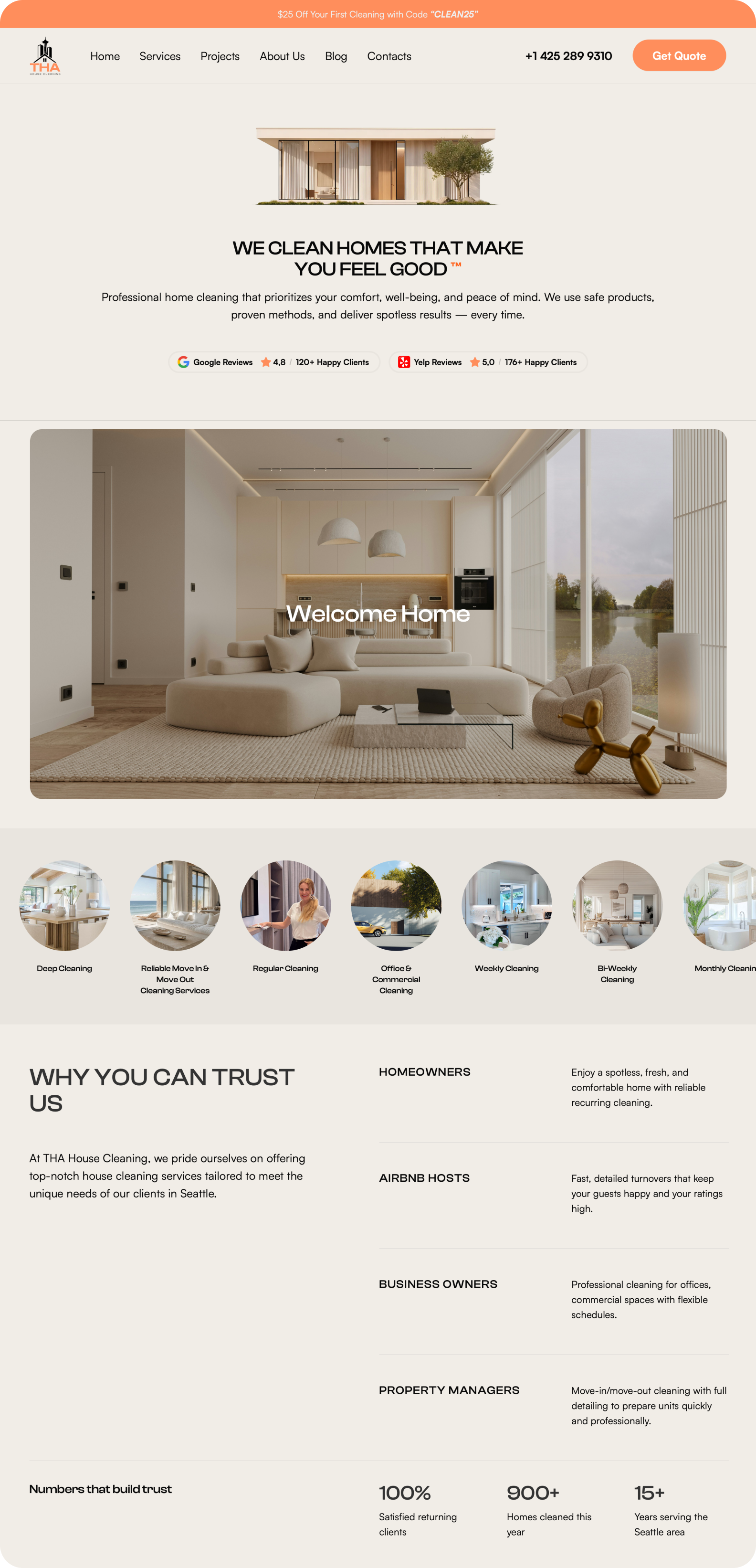 THA Cleaning desktop website: homepage, services and trust sections