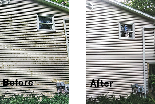 Before-and-after photos of a house with heavily soiled vinyl siding cleaned by Prowash Missouri.