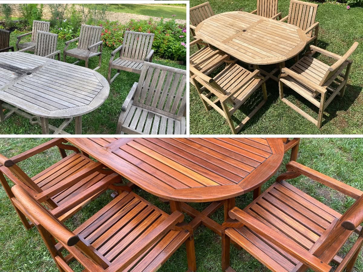 Outdoor tables and chairs cleaned as part of an exterior care project.