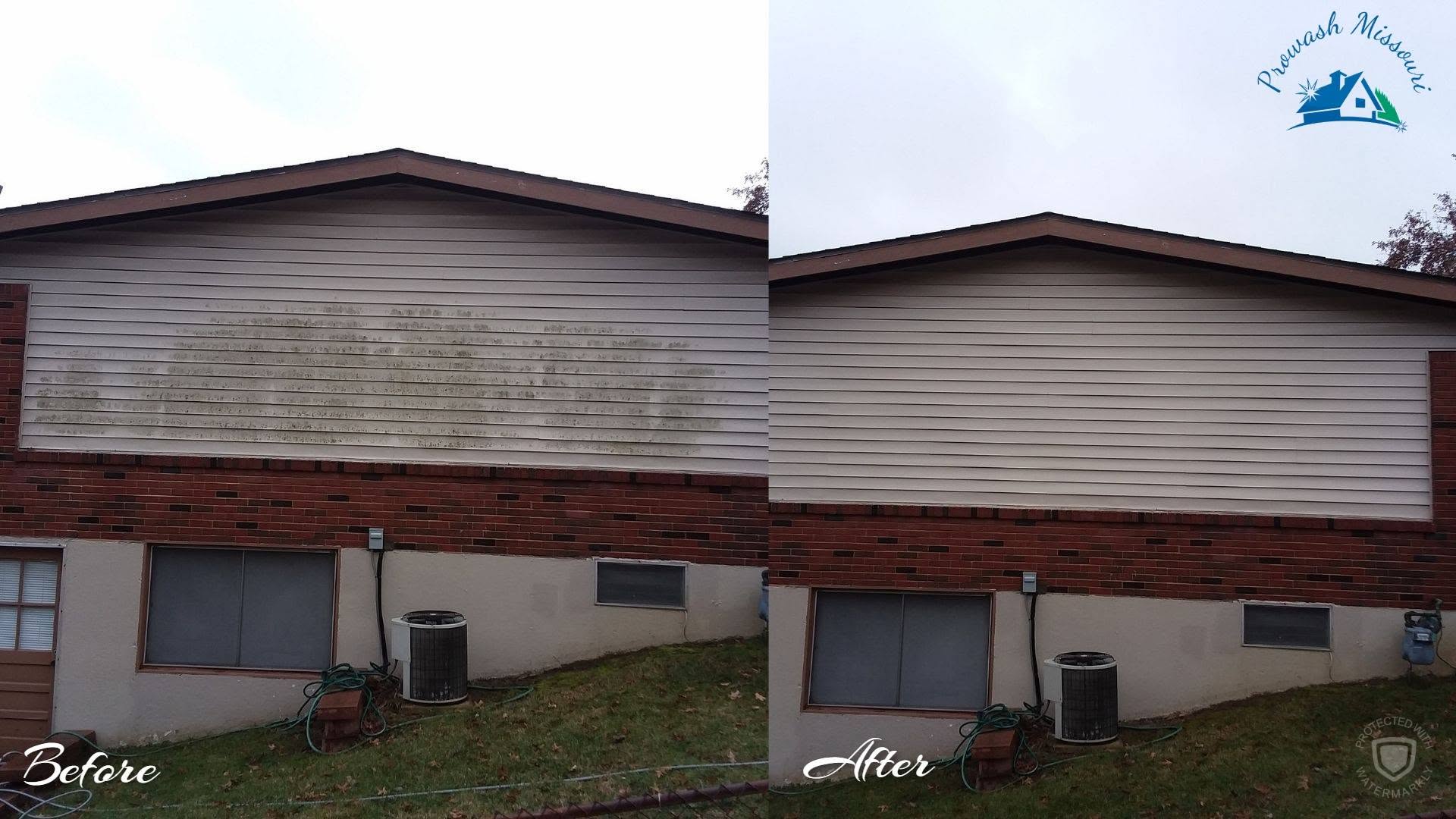 Before-and-after photos showing heavily soiled siding cleaned by Prowash Missouri.