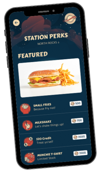 The Munchiverse app's Station Perks screen listing rewards
