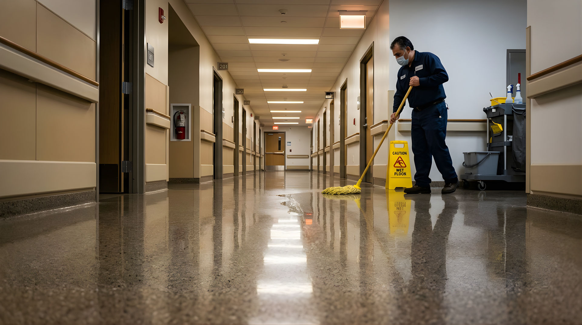 Cleaner mopping a common-area hallway