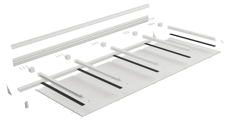 An Equinox canopy render, exploded into the parts of its kit