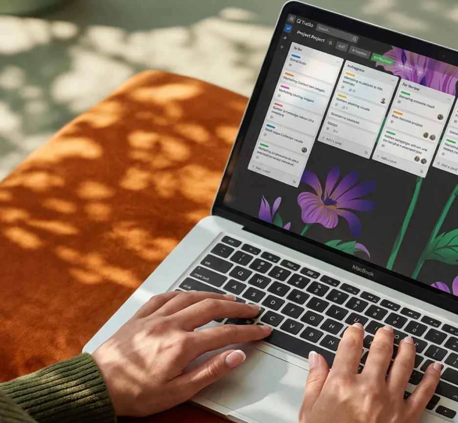 Laptop showing a Trello board of design requests