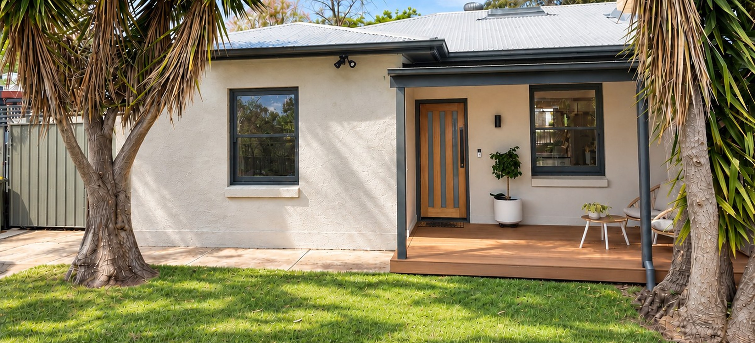 Renovated Morphettville home with rendered facade, timber front door and new verandah
