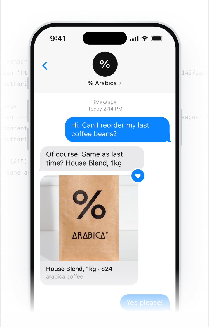 iPhone showing a reorder conversation with % Arabica, with the iSend API request behind it